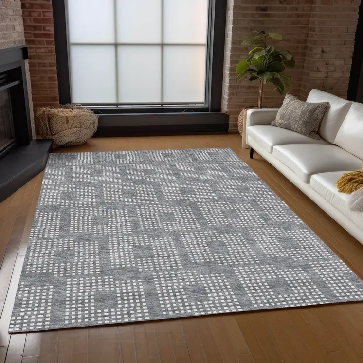 10' X 14' Gray And Ivory Geometric Washable Indoor Outdoor Area Rug