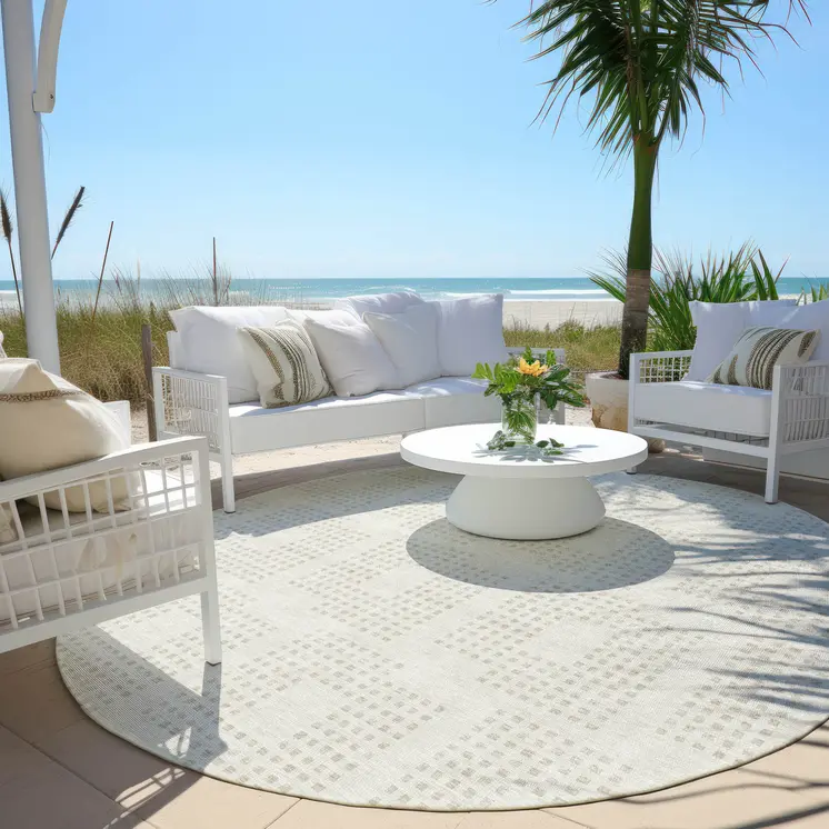 8' Ivory And Beige Round Geometric Washable Indoor Outdoor Area Rug