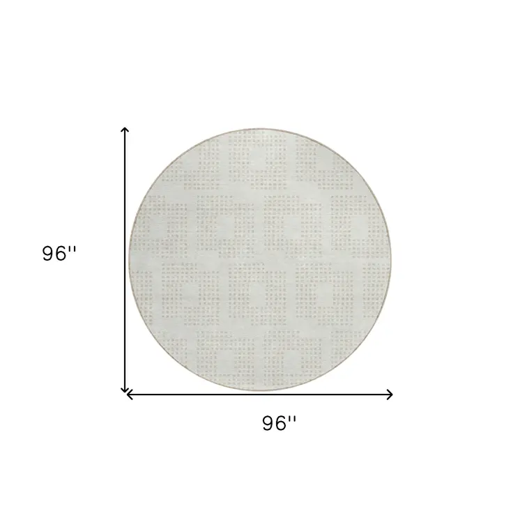 8' Ivory And Beige Round Geometric Washable Indoor Outdoor Area Rug