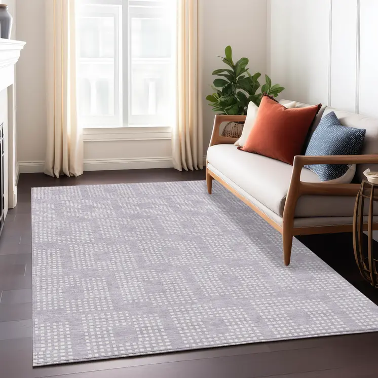 9' X 12' Lavender And Ivory Geometric Washable Indoor Outdoor Area Rug