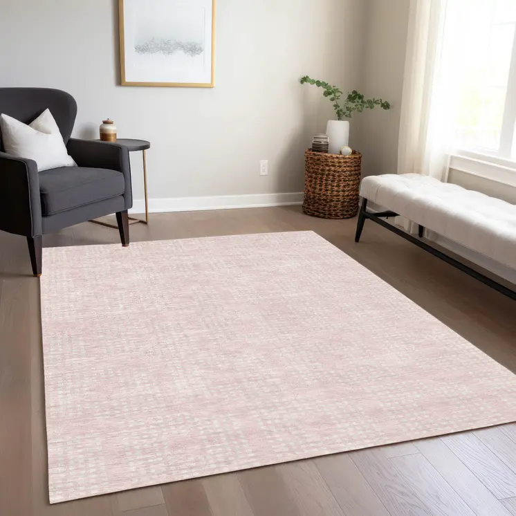 5' X 8' Pink And Ivory Geometric Washable Indoor Outdoor Area Rug