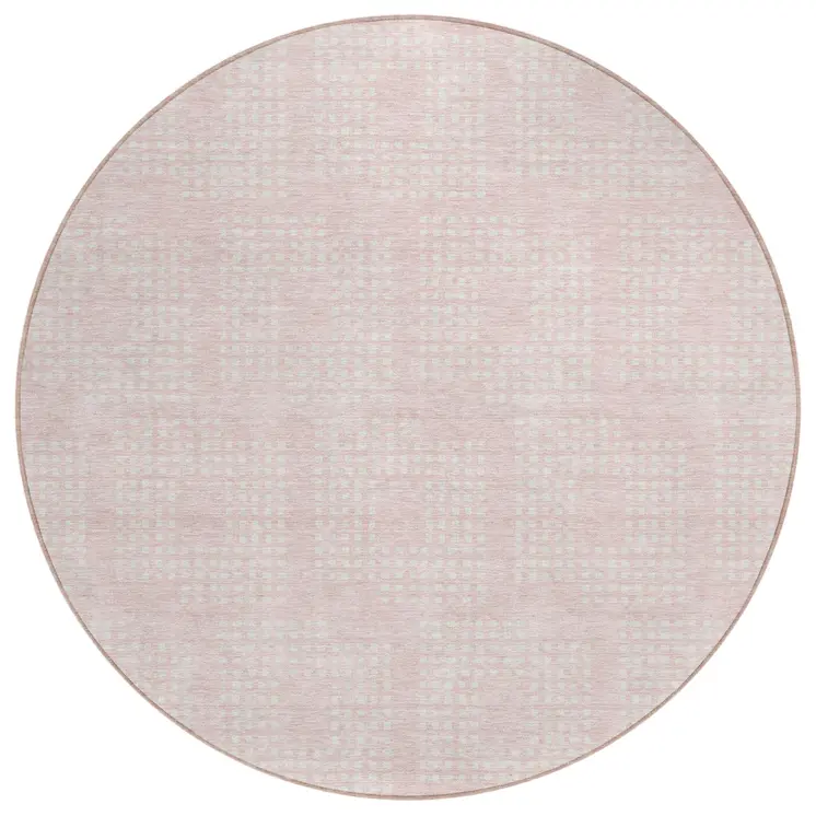8' Pink And Ivory Round Geometric Washable Indoor Outdoor Area Rug