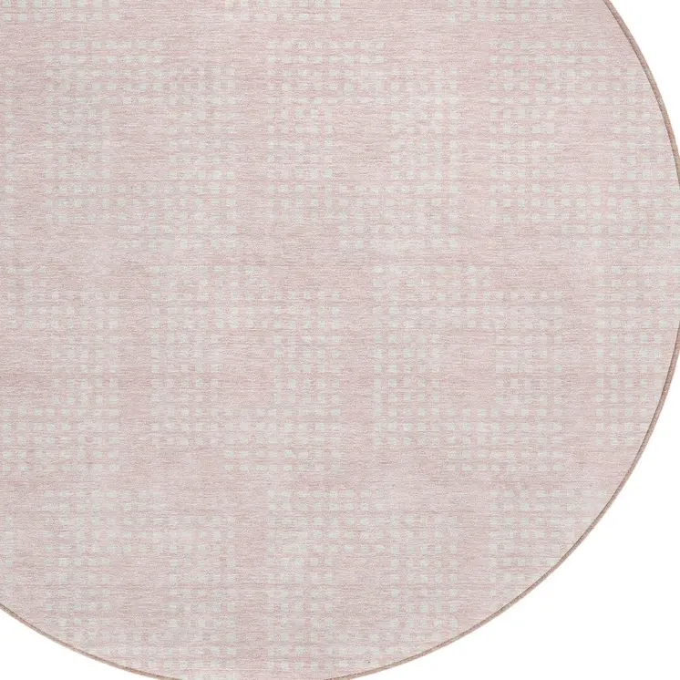 8' Pink And Ivory Round Geometric Washable Indoor Outdoor Area Rug