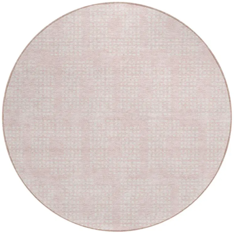8' Pink And Ivory Round Geometric Washable Indoor Outdoor Area Rug