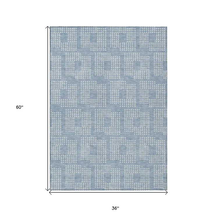 3' X 5' Sky Blue And Ivory Geometric Washable Indoor Outdoor Area Rug