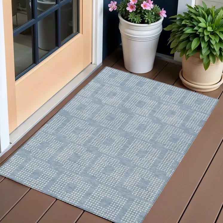 3' X 5' Sky Blue And Ivory Geometric Washable Indoor Outdoor Area Rug