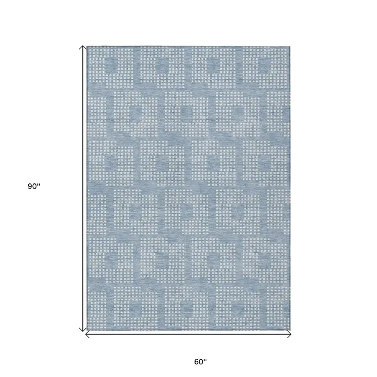 5' X 8' Sky Blue And Ivory Geometric Washable Indoor Outdoor Area Rug