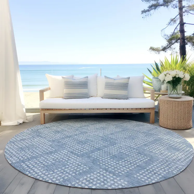 8' Sky Blue And Ivory Round Geometric Washable Indoor Outdoor Area Rug