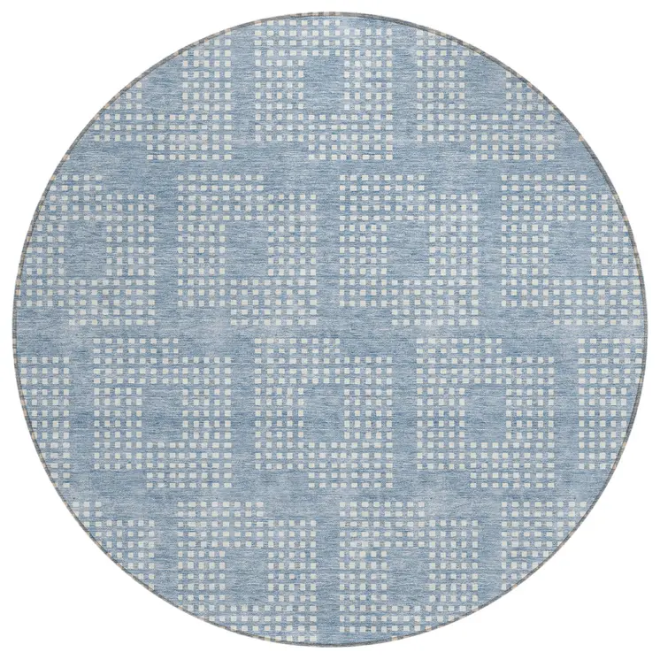 8' Sky Blue And Ivory Round Geometric Washable Indoor Outdoor Area Rug