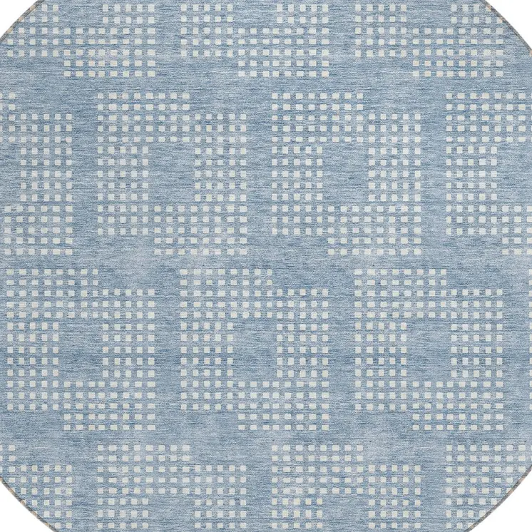 8' Sky Blue And Ivory Round Geometric Washable Indoor Outdoor Area Rug