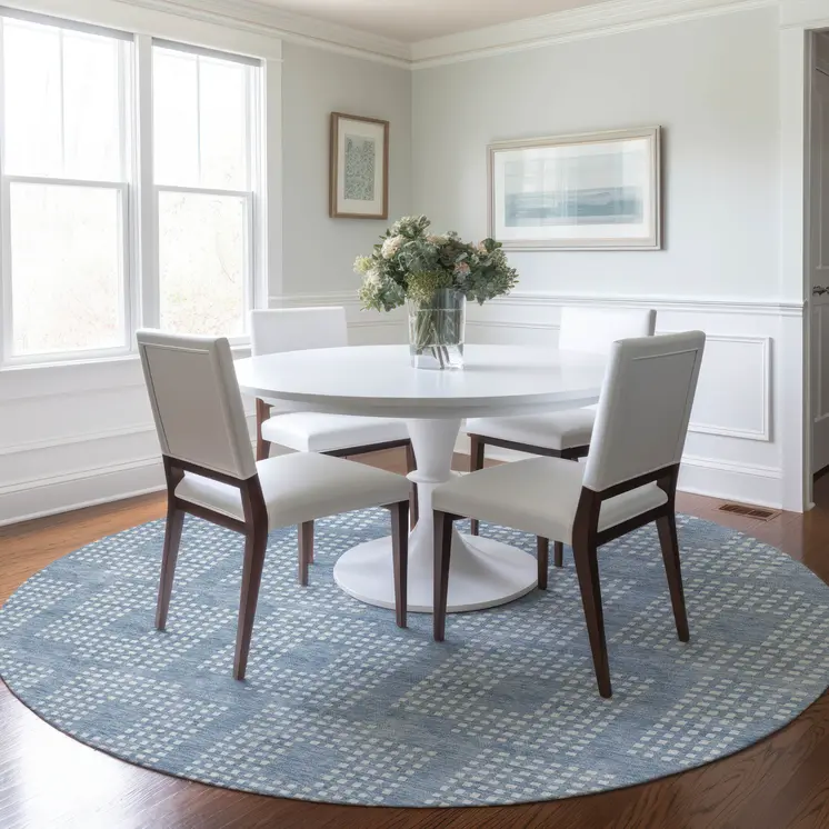 8' Sky Blue And Ivory Round Geometric Washable Indoor Outdoor Area Rug