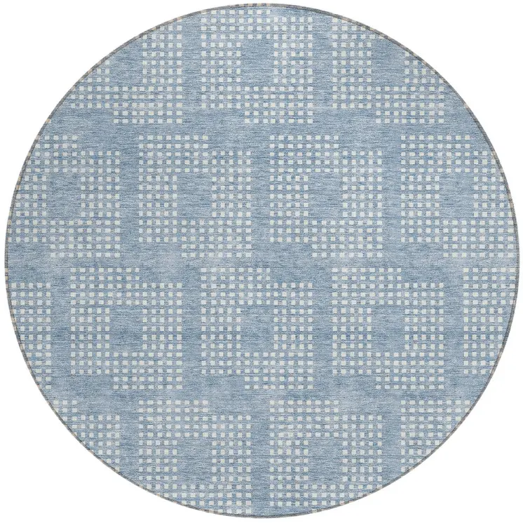 8' Sky Blue And Ivory Round Geometric Washable Indoor Outdoor Area Rug