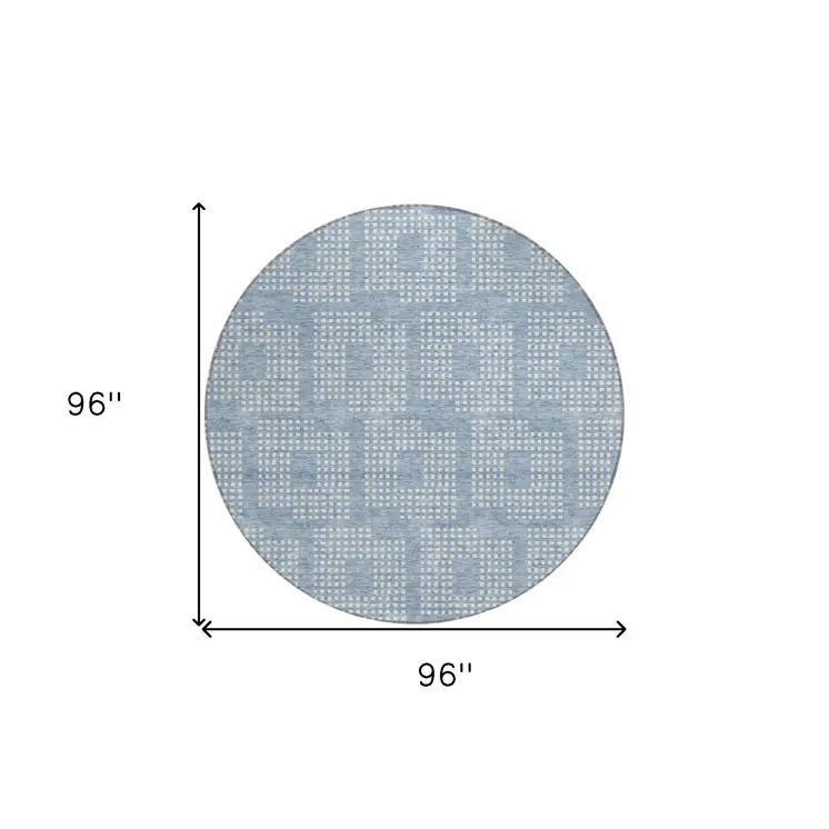 8' Sky Blue And Ivory Round Geometric Washable Indoor Outdoor Area Rug