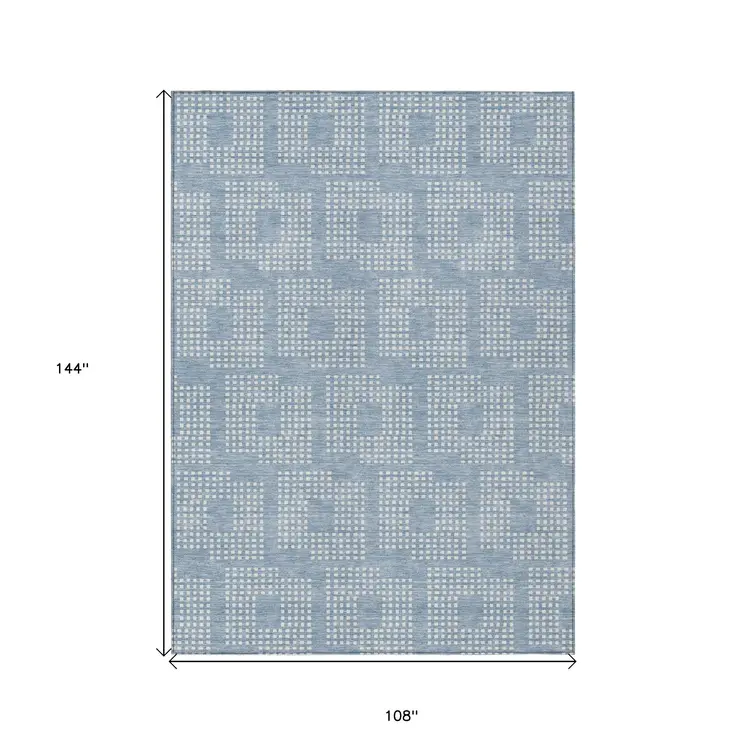 9' X 12' Sky Blue And Ivory Geometric Washable Indoor Outdoor Area Rug