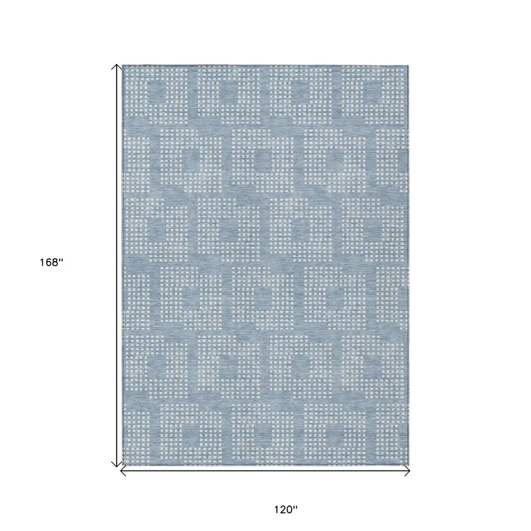 10' X 14' Sky Blue And Ivory Geometric Washable Indoor Outdoor Area Rug