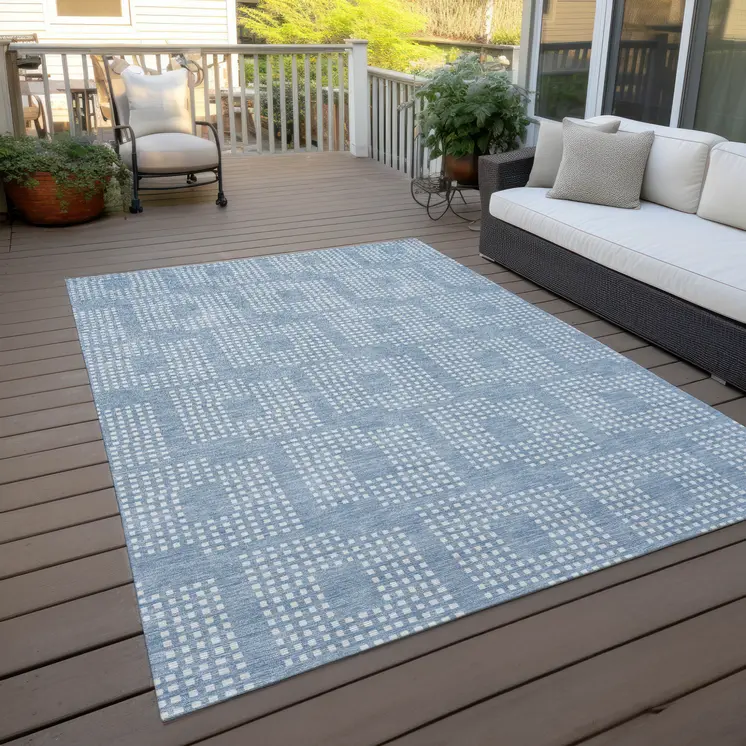 10' X 14' Sky Blue And Ivory Geometric Washable Indoor Outdoor Area Rug