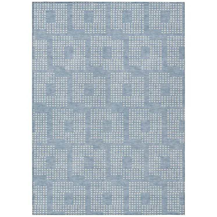 10' X 14' Sky Blue And Ivory Geometric Washable Indoor Outdoor Area Rug