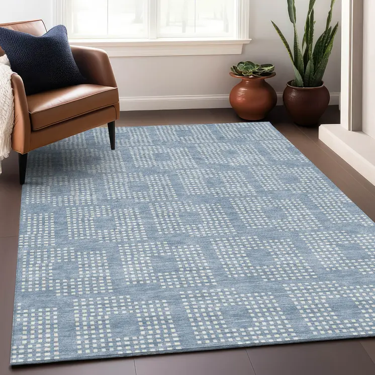 10' X 14' Sky Blue And Ivory Geometric Washable Indoor Outdoor Area Rug