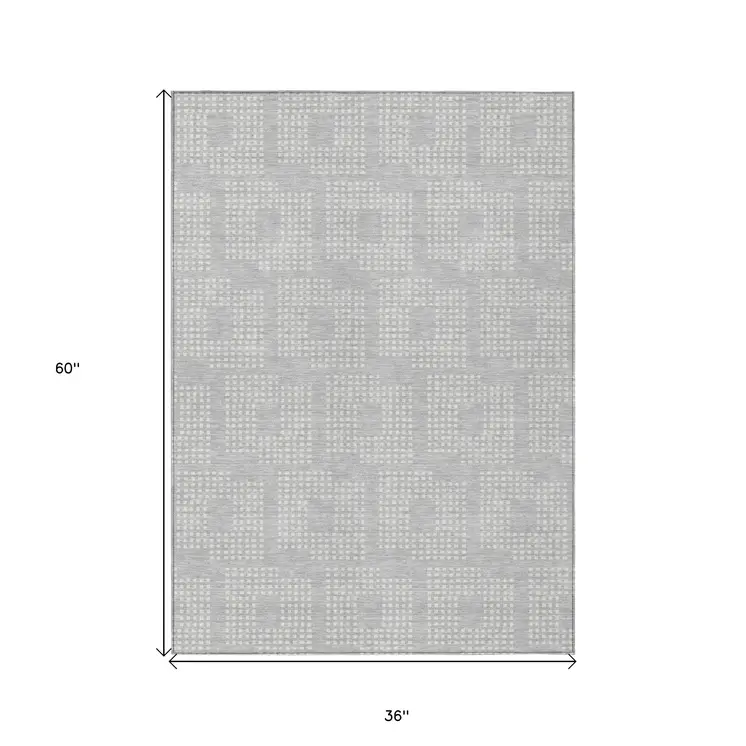3' X 5' Silver And Ivory Geometric Washable Indoor Outdoor Area Rug