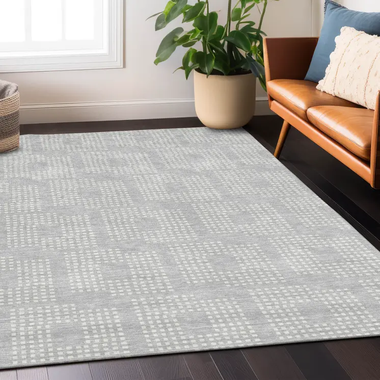 3' X 5' Silver And Ivory Geometric Washable Indoor Outdoor Area Rug