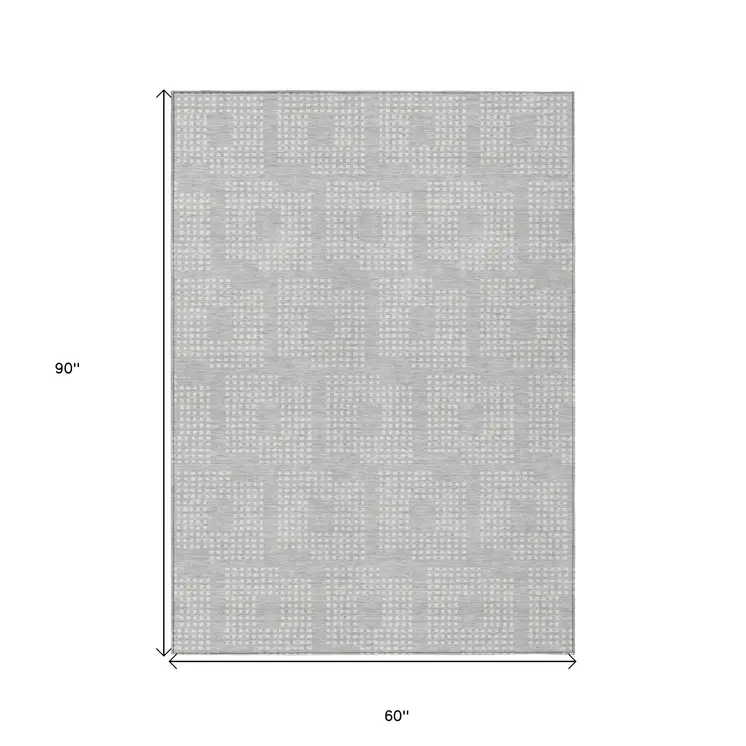 5' X 8' Silver And Ivory Geometric Washable Indoor Outdoor Area Rug