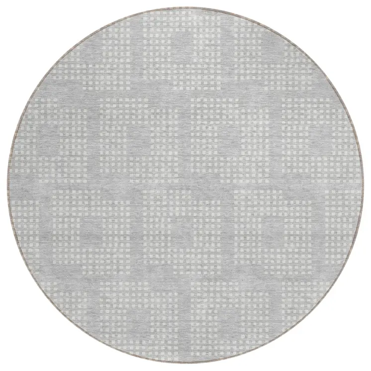 8' Silver And Ivory Round Geometric Washable Indoor Outdoor Area Rug