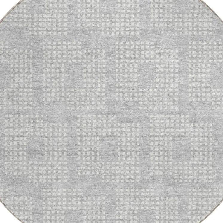 8' Silver And Ivory Round Geometric Washable Indoor Outdoor Area Rug