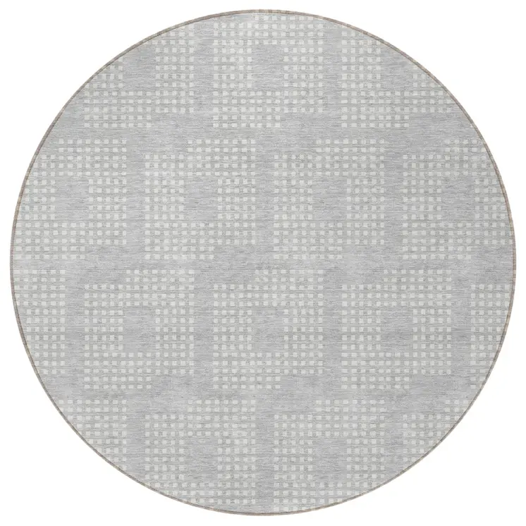 8' Silver And Ivory Round Geometric Washable Indoor Outdoor Area Rug
