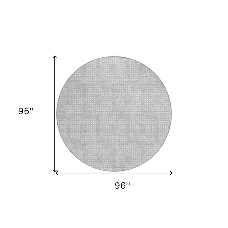 8' Silver And Ivory Round Geometric Washable Indoor Outdoor Area Rug