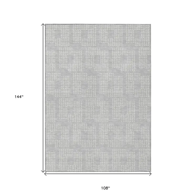 9' X 12' Silver And Ivory Geometric Washable Indoor Outdoor Area Rug