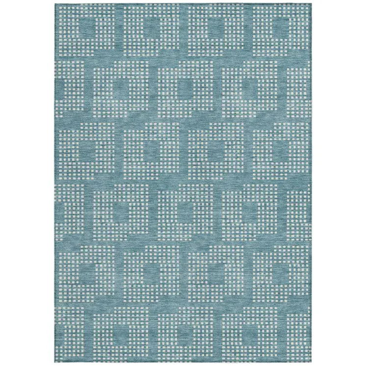 3' X 5' Teal Blue And Ivory Geometric Washable Indoor Outdoor Area Rug