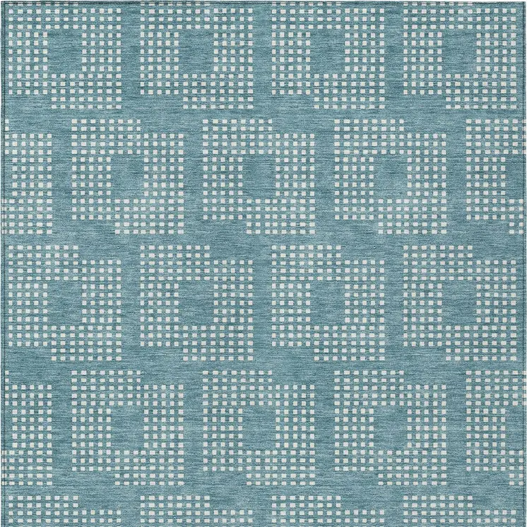 5' X 8' Teal Blue And Ivory Geometric Washable Indoor Outdoor Area Rug