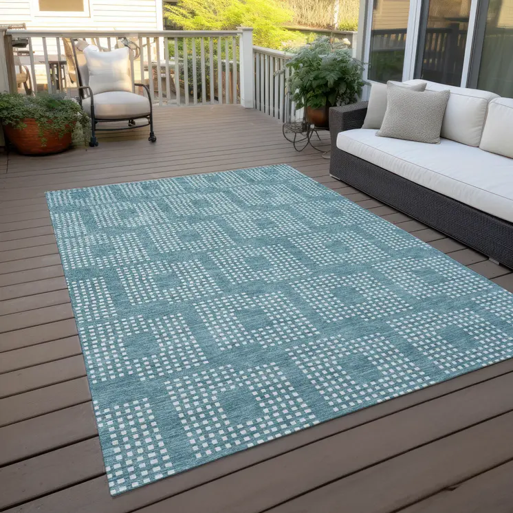 5' X 8' Teal Blue And Ivory Geometric Washable Indoor Outdoor Area Rug