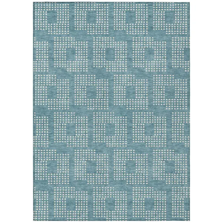 5' X 8' Teal Blue And Ivory Geometric Washable Indoor Outdoor Area Rug