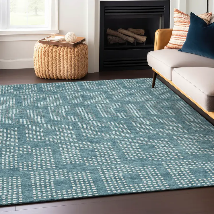 5' X 8' Teal Blue And Ivory Geometric Washable Indoor Outdoor Area Rug