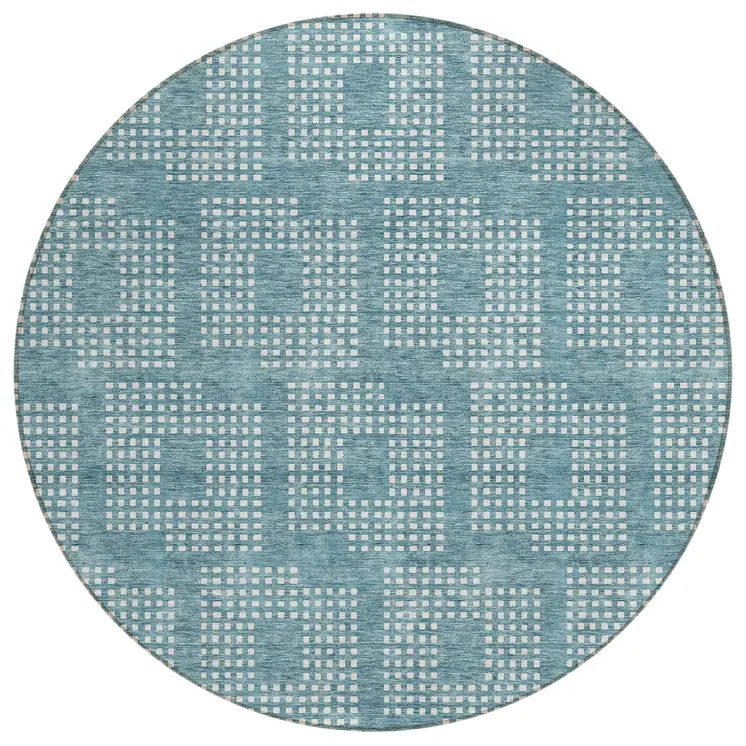 8' Teal Blue And Ivory Round Geometric Washable Indoor Outdoor Area Rug