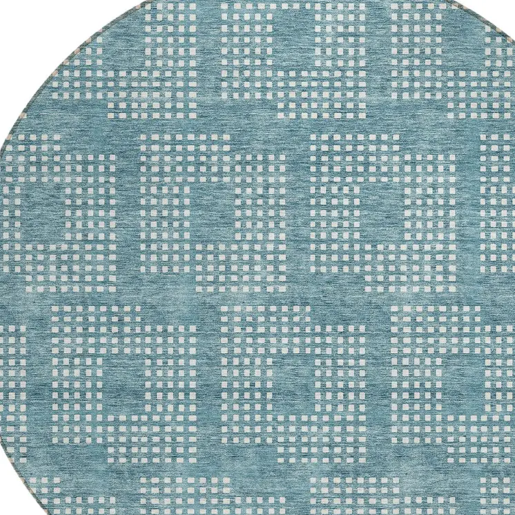8' Teal Blue And Ivory Round Geometric Washable Indoor Outdoor Area Rug