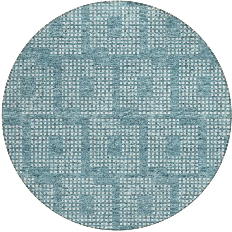 8' Teal Blue And Ivory Round Geometric Washable Indoor Outdoor Area Rug