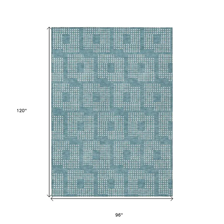 8' X 10' Teal Blue And Ivory Geometric Washable Indoor Outdoor Area Rug