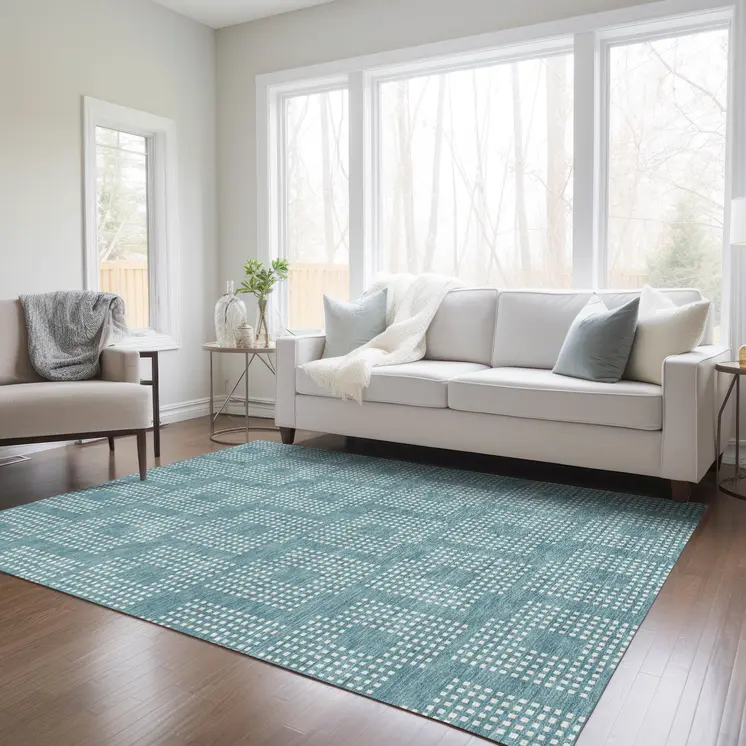 9' X 12' Teal Blue And Ivory Geometric Washable Indoor Outdoor Area Rug