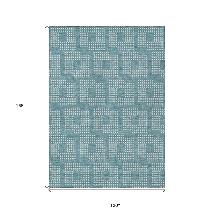 10' X 14' Teal Blue And Ivory Geometric Washable Indoor Outdoor Area Rug