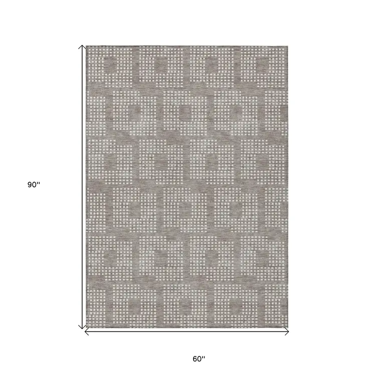 5' X 8' Taupe And Ivory Geometric Washable Indoor Outdoor Area Rug