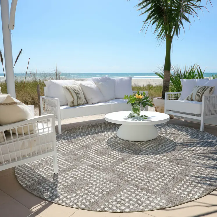 8' Taupe And Ivory Round Geometric Washable Indoor Outdoor Area Rug