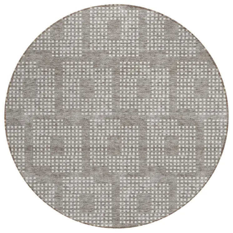 8' Taupe And Ivory Round Geometric Washable Indoor Outdoor Area Rug