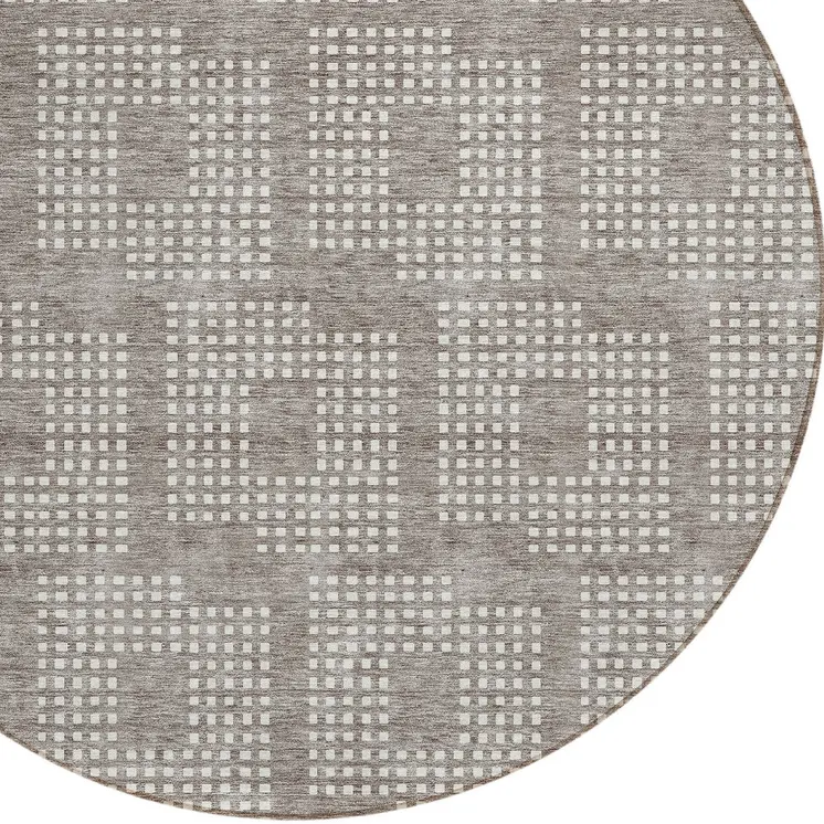 8' Taupe And Ivory Round Geometric Washable Indoor Outdoor Area Rug