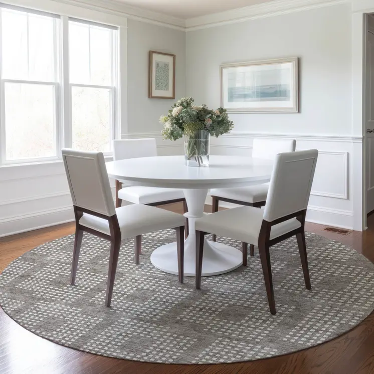 8' Taupe And Ivory Round Geometric Washable Indoor Outdoor Area Rug