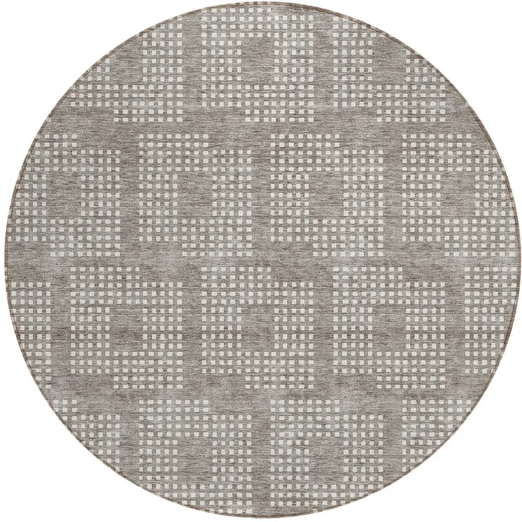 8' Taupe And Ivory Round Geometric Washable Indoor Outdoor Area Rug