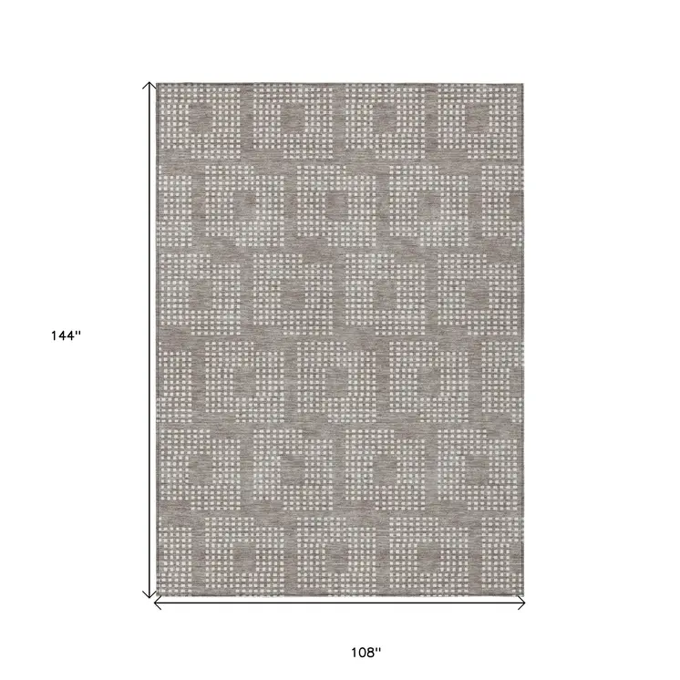 9' X 12' Taupe And Ivory Geometric Washable Indoor Outdoor Area Rug