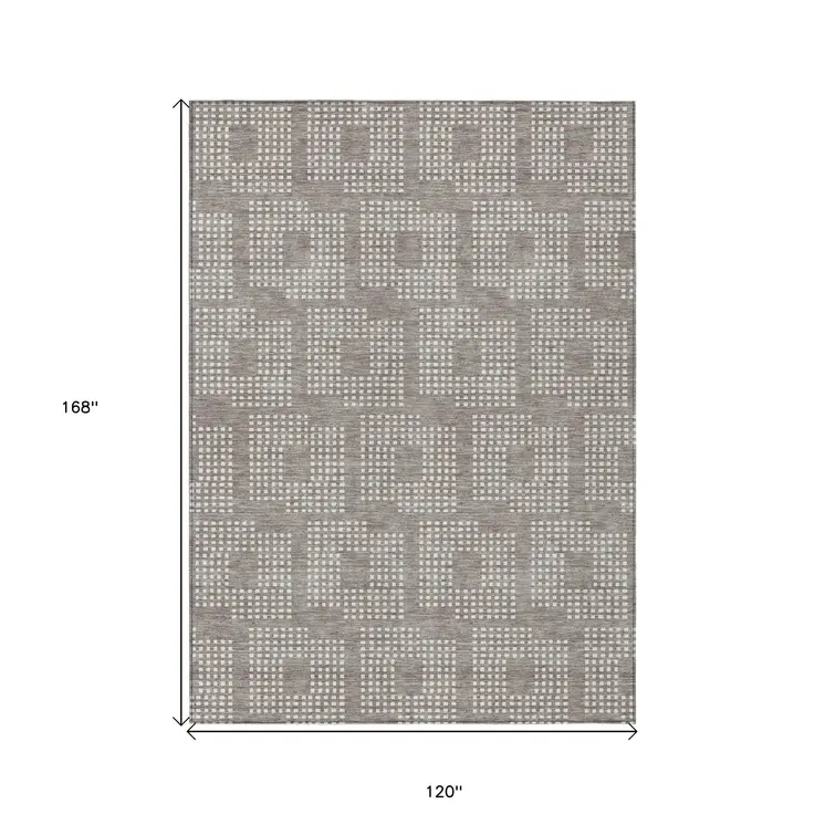 10' X 14' Taupe And Ivory Geometric Washable Indoor Outdoor Area Rug