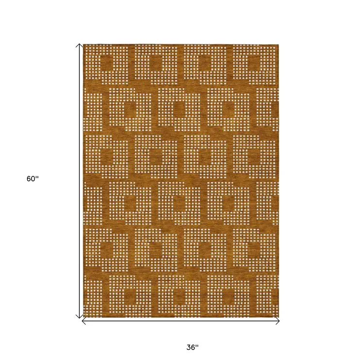 3' X 5' Terra Cotta And Ivory Geometric Washable Indoor Outdoor Area Rug
